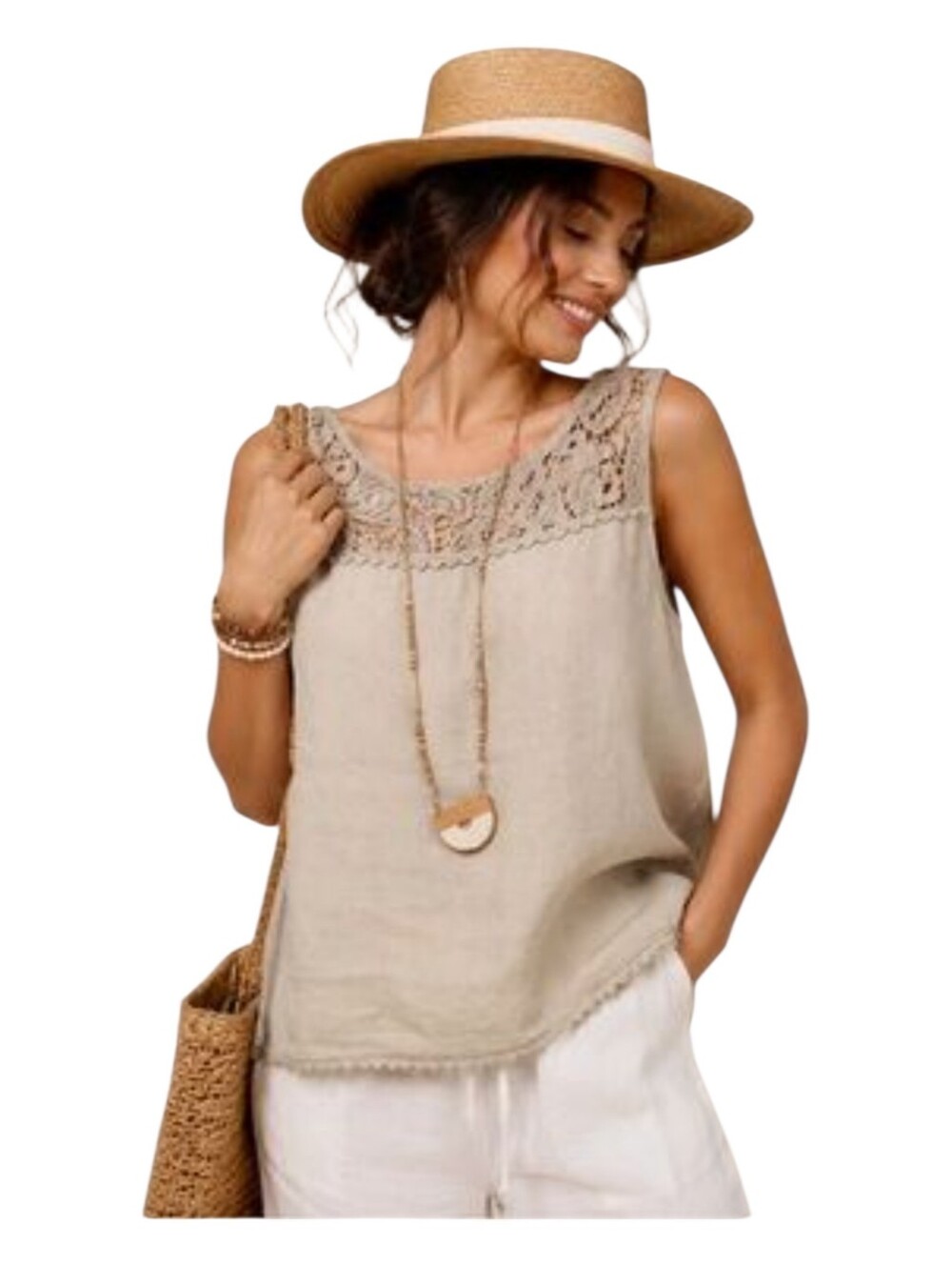 Marina Gigli Womens Tan Natural Crochet Lace Coastal Vacation Linen Blouse Small